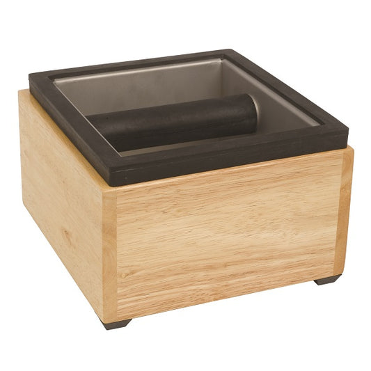 Knock Box Set, Stainless Steel, 6″x5.5″x4″, with Maple Holder
