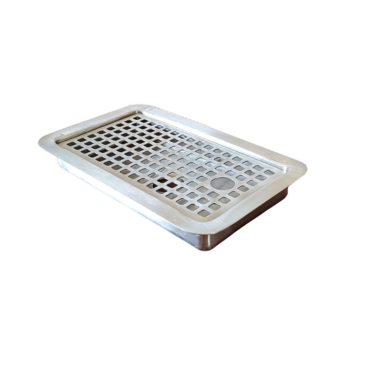 Drip Tray, Stainless Steel, 5.5″x9″x1″, Flush Mount, Removable Grate, with Drain Hole