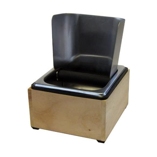 Knock Box, Stainless Steel, 6″x5.5″x4″, with Maple Holder and Splash Guard, 97435