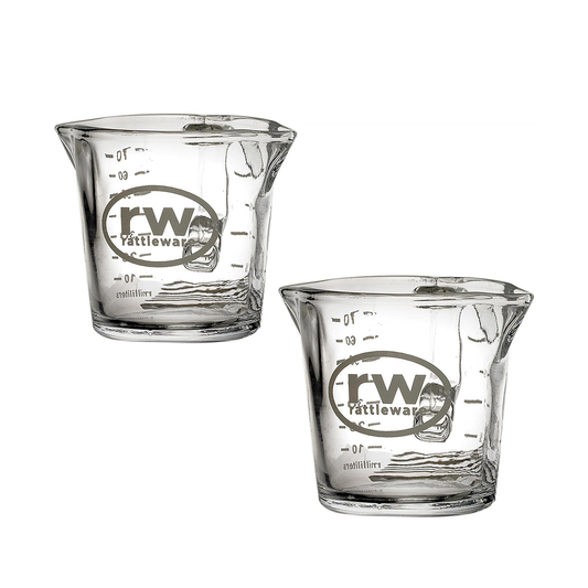 Rattleware Espresso Shot Glass Pitcher – Double Spouted Genuine Barista Measuring Cup with Graduations in Ml & Oz – High-Volume, Commercial-Grade for Swift Espresso Pouring & Precision (3 Oz, 2-Pc)
